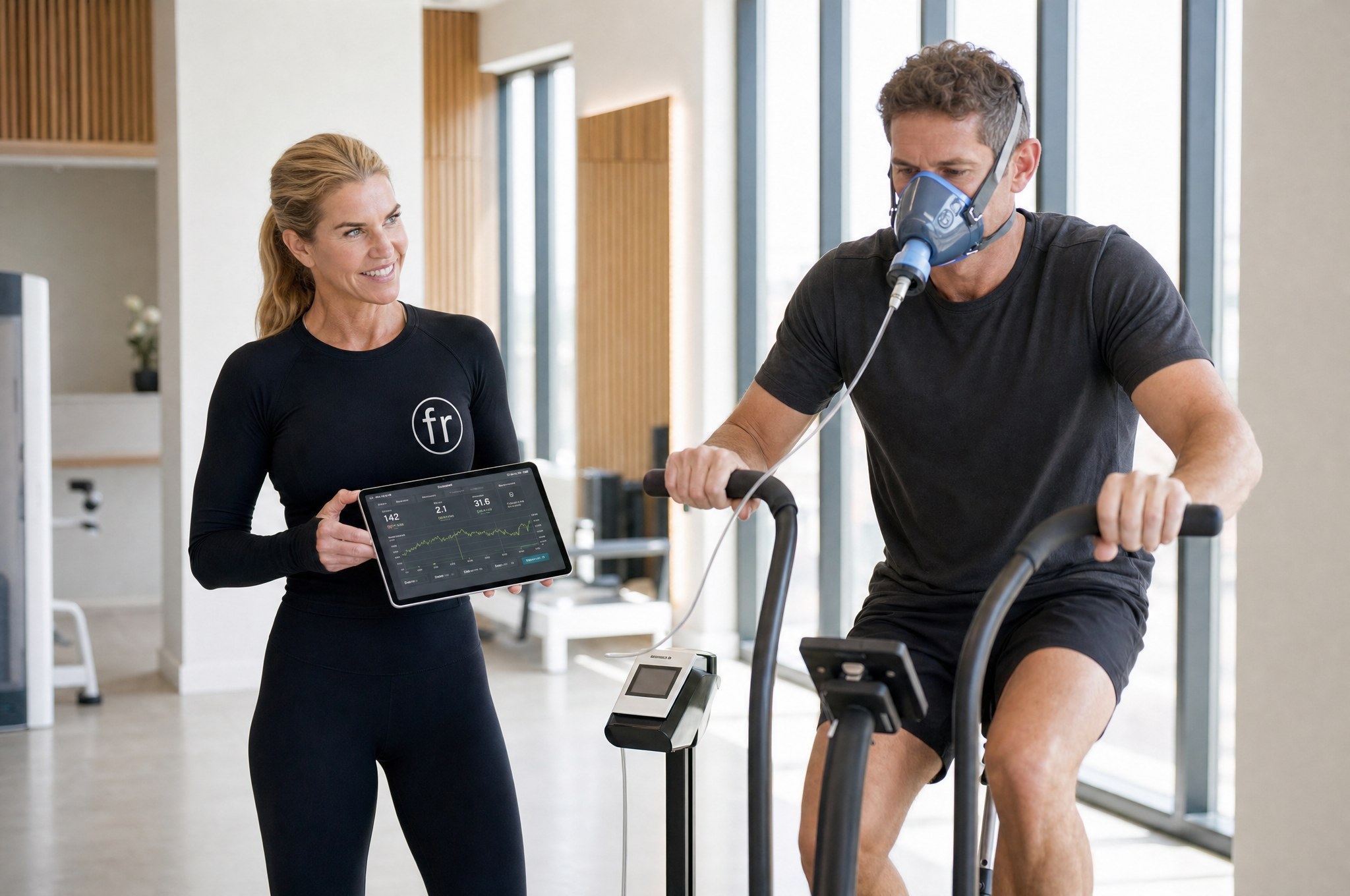 Fiona Rooney coaching a client through a metabolic assessment on an air bike