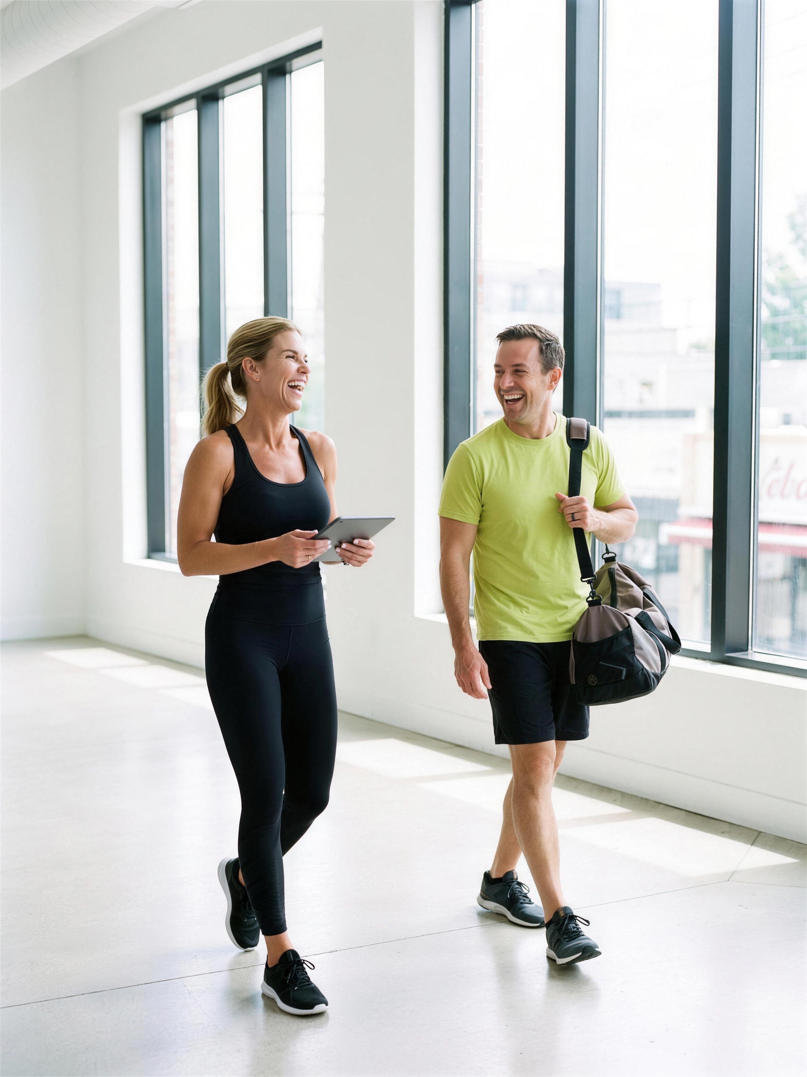 Fiona Rooney walking the gym floor with a client