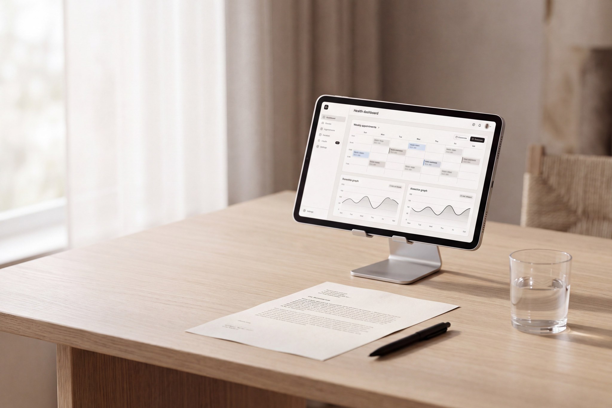 A tablet showing a weekly plan and charts on a desk